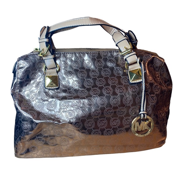 Michael Kors MK Monogrammed Shiny Gold Metallic Large Duffel Tote Purse Bag - Picture 4 of 14